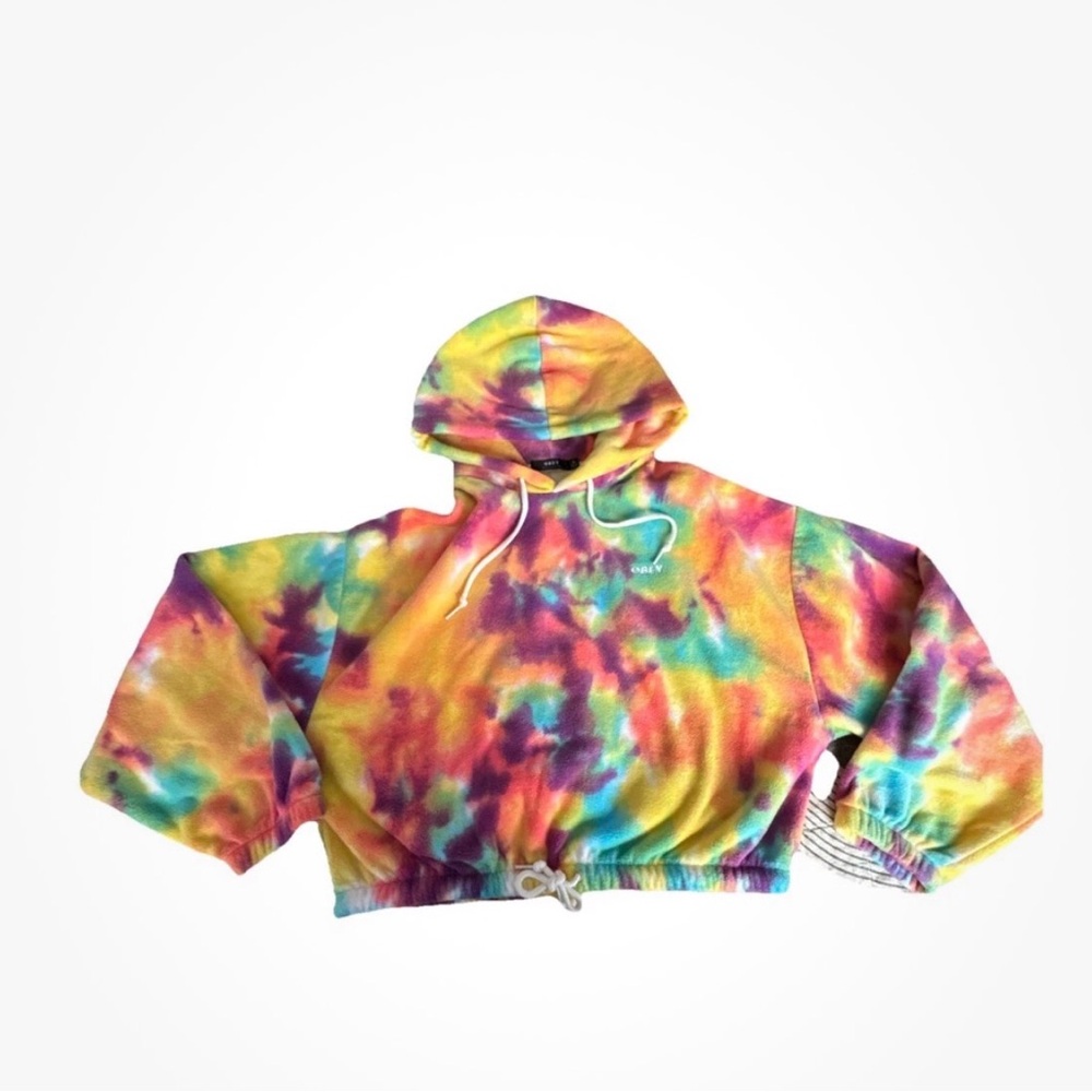 Obey Drawstring Cropped Tie Dye Rainbow Pullover Hoodie Small